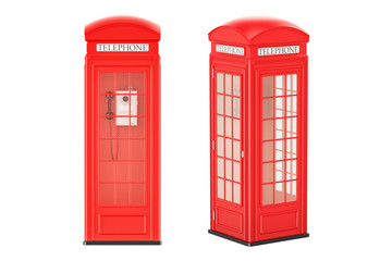 Obraz premium Red telephone boxes, front and side view, 3D rendering