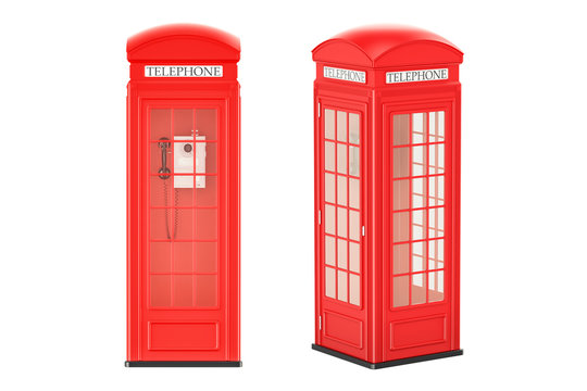 Red telephone boxes, front and side view, 3D rendering