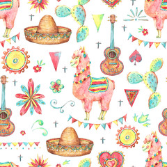 Mexican cute watercolor seamless pattern © depiano