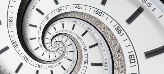 Modern diamond white clock watch twisted to surreal spiral. Abstract spiral fractal clock. Watch...