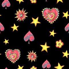 Fototapeta na wymiar Watercolor seamless pattern with hearts and stars