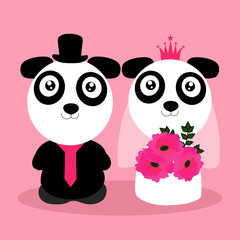 Fototapeta premium Wedding invitation with cute pandas.