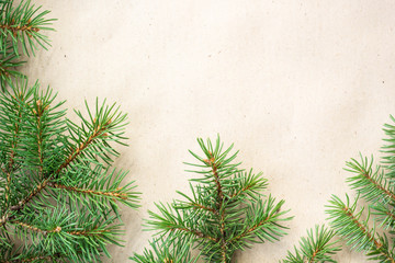 fir branches border on light rustic background, good for christmas backdrop