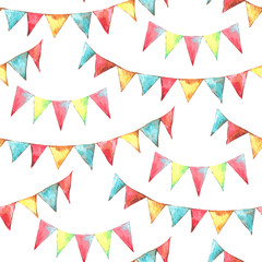 Watercolor seamless pattern with garland and flags