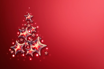 Christmas tree with star lights. Red background