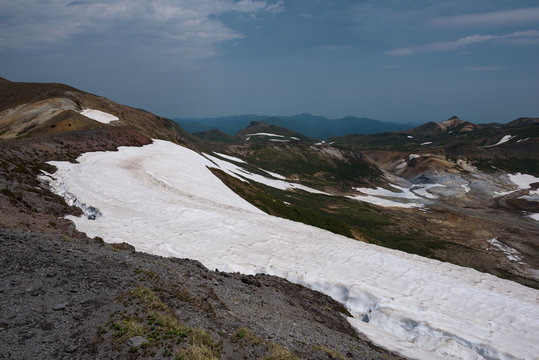 View on the poisonous Ohachidaira caldera in Daisetsuzan National Park, Hokkaido, Japan