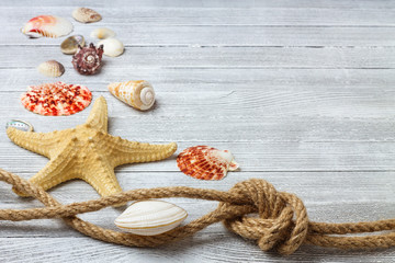 Fototapeta na wymiar Marine ​​composition with seashells, starfish and rope on a light wooden background