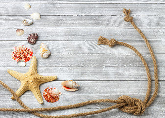 ​​Composition with seashells, starfish and rope on a light wooden background