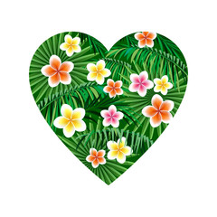  Heart Jungle logo to print T-shirts. Palm leaves and exotic flowers on a black background.