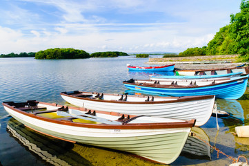 Fototapeta na wymiar Rowing boats filled with water sit moored up at an Irish lough (lake)