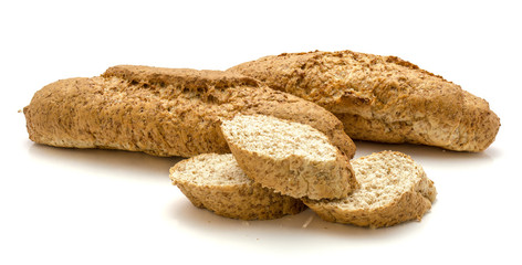 Whole wheat bran bread isolated on white background two bagels and three pieces