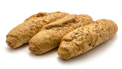 Three bagels of wheat bran bread isolated on white background