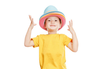 Dancing boy in the hat isolated on white