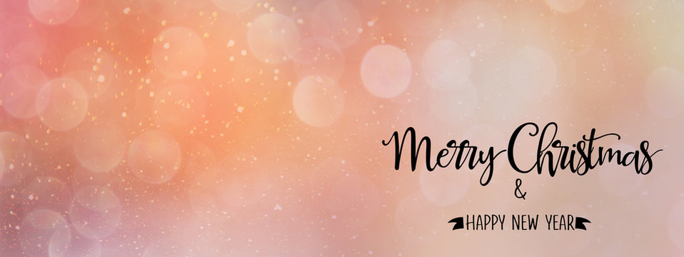 pink/coral Christmas abstract backdrop with quote - 'Merry Christmas & Happy New Year', panoramic style. Perfect for social media headers 