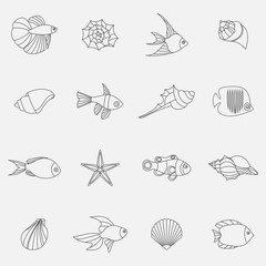 Seahells and fish in vector isolated on white