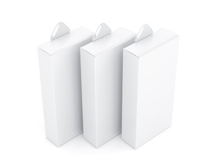 Three White Boxes Mockup with plastic Hang Tab in light studio, 3d rendering