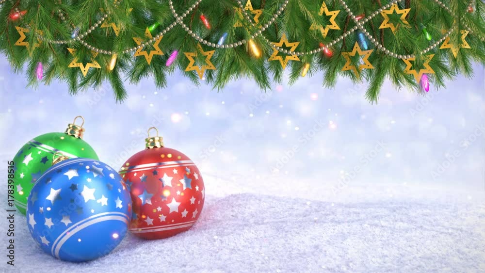 Wall mural christmas balls in snow and twigs decoration on bokeh background - 3d render. seamless loop