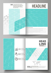 Fototapeta na wymiar Business templates for bi fold brochure, flyer, booklet, report. Cover design template, vector layout in A4 size. Chemistry pattern, hexagonal molecule structure on blue. Medicine, technology concept.