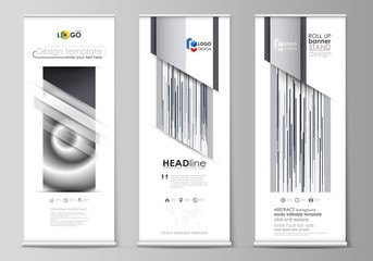 Roll up banner stands, flat design templates, abstract geometric style, corporate vertical vector flyers, flag layouts. Simple monochrome geometric pattern. Minimalistic background. Gray color shapes.