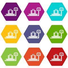 Luggage weighing icon set color hexahedron