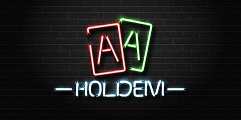 Vector realistic isolated neon sign of Holdem poker lettering for decoration and covering on the wall background. Concept of casino and gambling.