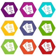 Passports with map icon set color hexahedron