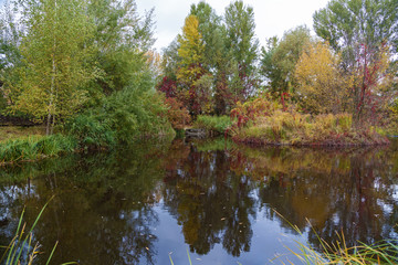 Autumn Park. Trees reflected in the water of the lake in the park