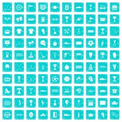 100 awards icons set grunge blue