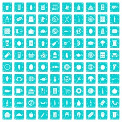 100 lunch icons set grunge blue