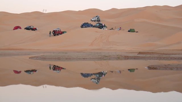 Campo nel deserto del Sahara alba sull'oasi
