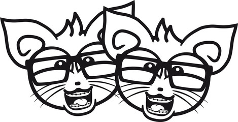 2 freunde team paar zwillinge gesicht kopf geek nerd schlau hornbrille intelligent freak süß niedlich katze kätzchen winken comic cartoon design haustier