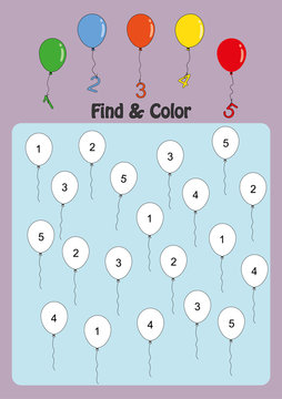 find and color numbers 1-5, math worksheet for kids