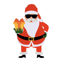 santa claus wearing sunglasses holding gift box cartoon icon image vector illustration design 