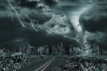 Cinematic Portrayal of City Destroyed by Tornado or Hurricane - obrazy, fototapety, plakaty