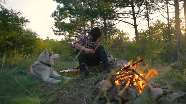 man playing guitar sitting with siberian husky dog near the campfire in forest during sunset 