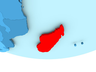 Madagascar in red on blue map