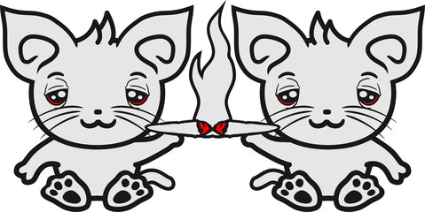 2 freunde team paar duo bekifft kiffen zigarette drogen hanf weed cannabis joint rauchen stoned süß niedlich katze kätzchen winken comic cartoon design haustier