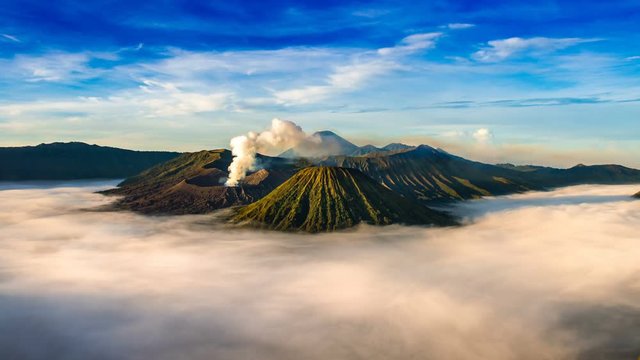 Time Lapse of Mount Bromo volcano (Gunung Bromo) during sunrise from viewpoint on Mount Penanjakan in Bromo Tengger Semeru National Park, East Java, Indonesia.