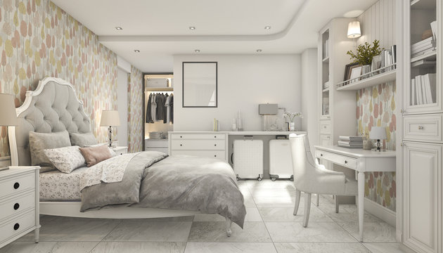 3d rendering cozy pastel scandinavian child bedroom with wardrobe