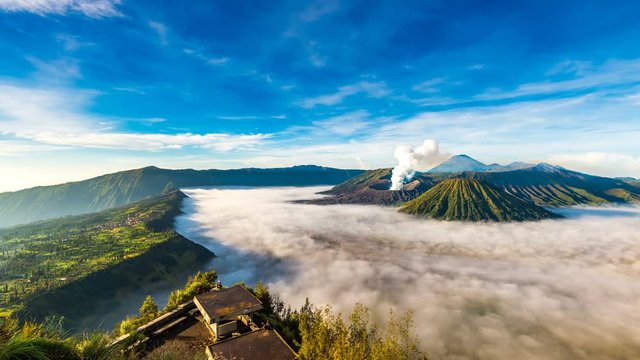 Time Lapse of Mount Bromo volcano (Gunung Bromo) during sunrise from viewpoint on Mount Penanjakan in Bromo Tengger Semeru National Park, East Java, Indonesia.