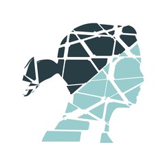 Profile of the head of a woman. Scientific medical design. Molecule and communication style design of the icon. Connected lines with dots. Broken silhouette