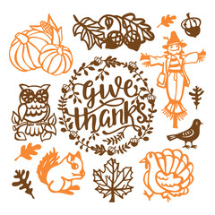 Vintage Thanksgiving Fall Paper Cut Design Elements Set