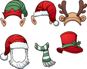 Christmas hats and scarf. Vector clip art illustration with simple gradients. Each on a separate layer.