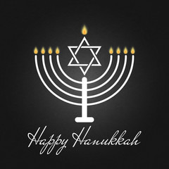Happy Hanukkah is a Jewish holiday traditional poster or greeting card the rededication of the Holy Temple on the black background. The festival lights banner, candelabrum with candles and David star.
