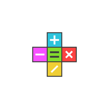 Math calculator logo, Mathematical symbols plus, minus, subtract, multiply, equals icon on the colored tiles, simple modern flat pictogram to mobile app