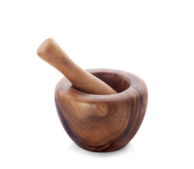 Handmade wooden mortar isolated on white background