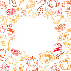 Hand drawing and doodle style vector and illustration of thanksgiving concept elements with copy space in red and orange color on white color background