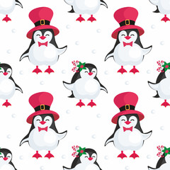 Christmas seamless pattern with the image of cute penguins. Children's vector background.