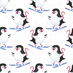 Christmas seamless pattern with the image of cute penguins. Children's vector background.