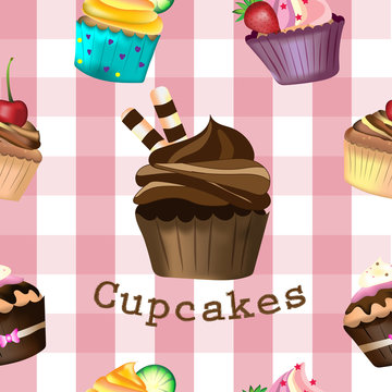 Vector and illustration hand drawing and painting cute various style decorated cupcakes in seamless pattern on pink pastel color tartan pattern, and Cupcakes words, for bakery or dessert concept